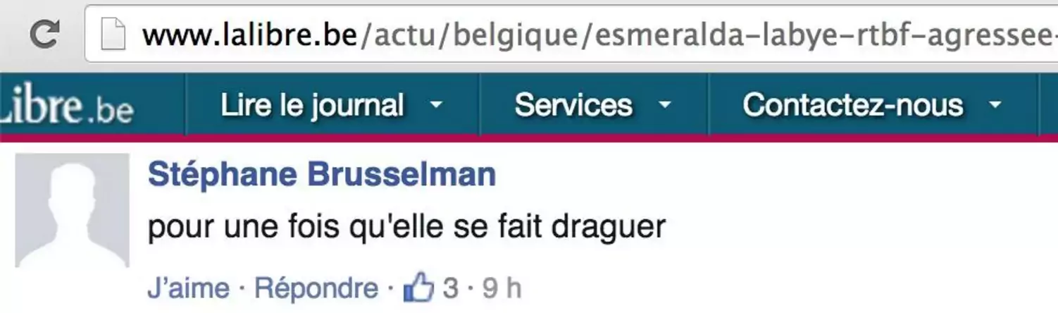 Commentaire sexiste de Stéphane Brusselman sur Le Soir visant la journaliste Esmeralda Labye après l'agression sexuelle dont elle a été victime