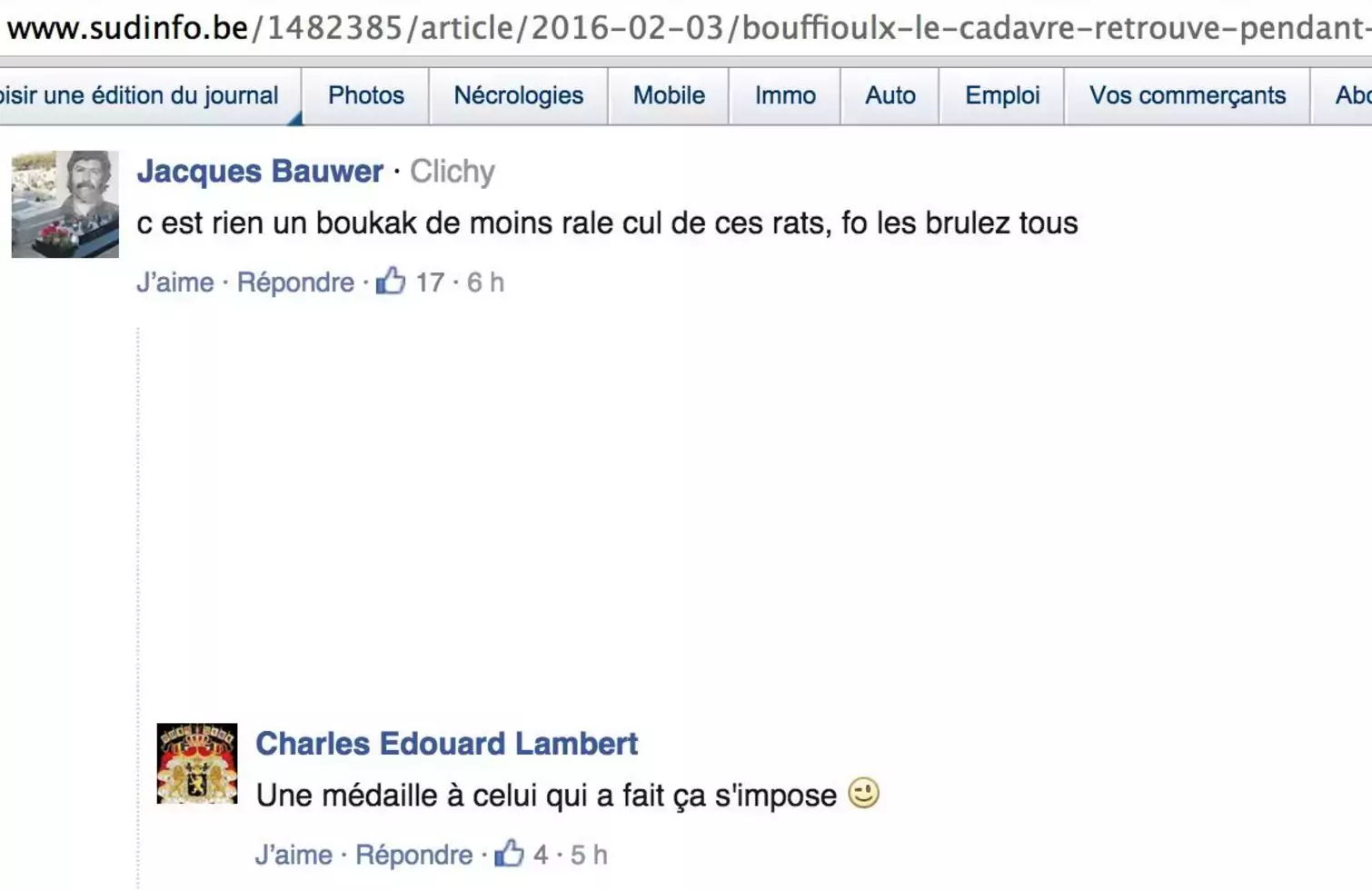 Commentaires racistes justifiant l'assassinat d'un migrant par Jacques Bauwer et Charles Edouard Lambert sur Sudpresse