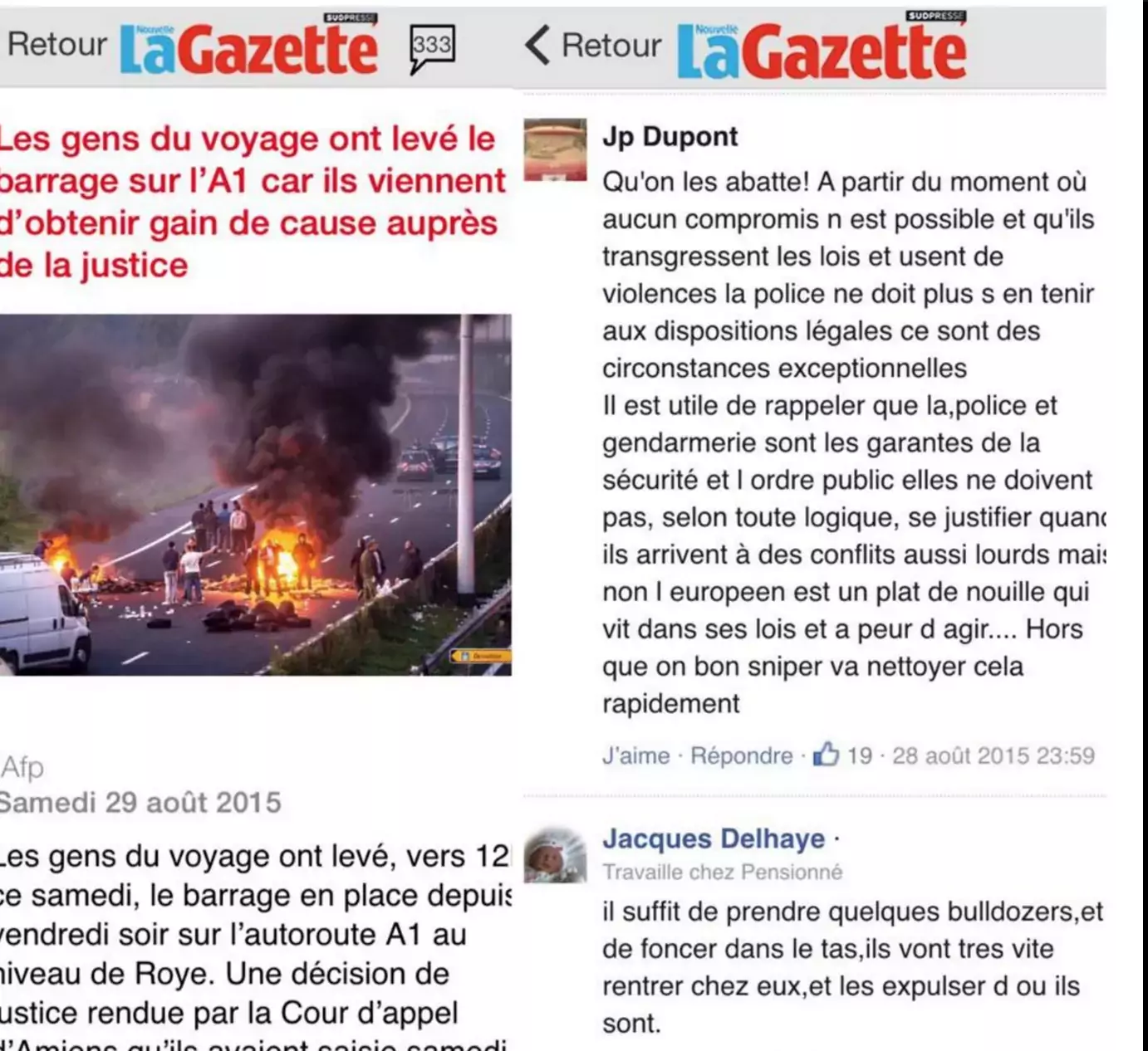 Appel à des agressions criminelles motivés par la haine des Roms par Jp Dupont et Jacques Delhaye sur La Gazette