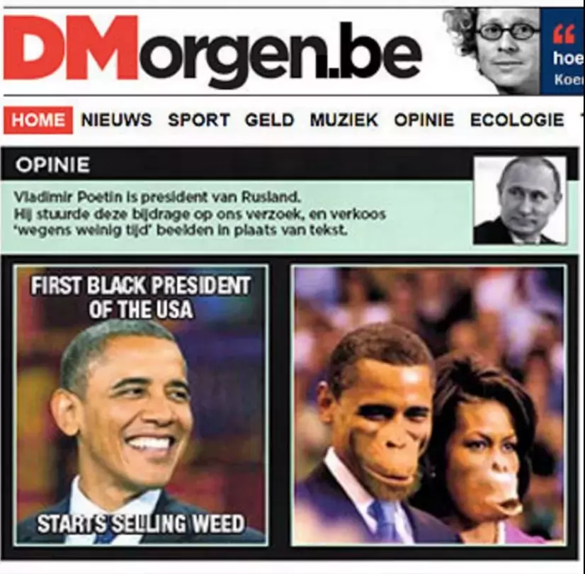 Caricature du président Obama sous forme de singe à la une de De Morgen