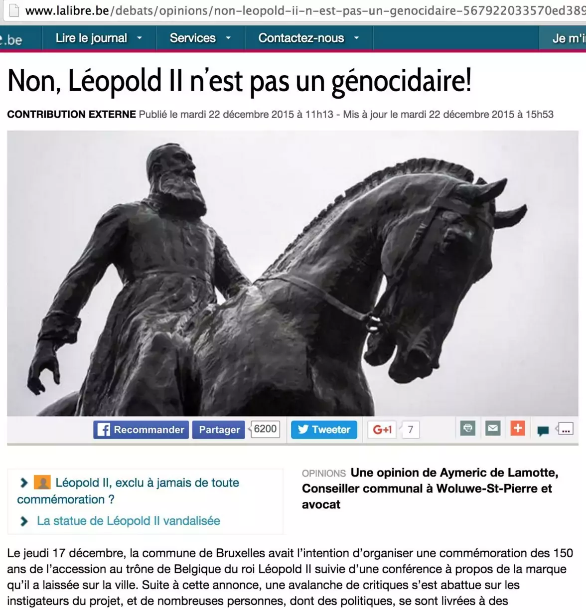 Carte Blanche publiée dans La Libre Belgique par Aymeric De Lamotte glorifiant le colonialisme et les atrocités des "mains coupées" du régime de Léopold II.