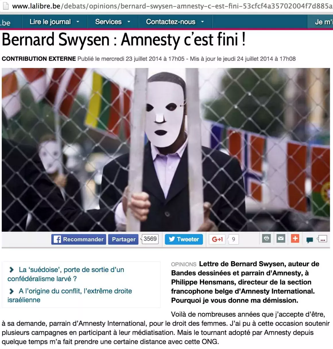 Carte blanche de Bernard Swyssen jettant l'opprobre sur Amnesty International pour être devenu le "porte-étendard de la soumission" à l'Islam.