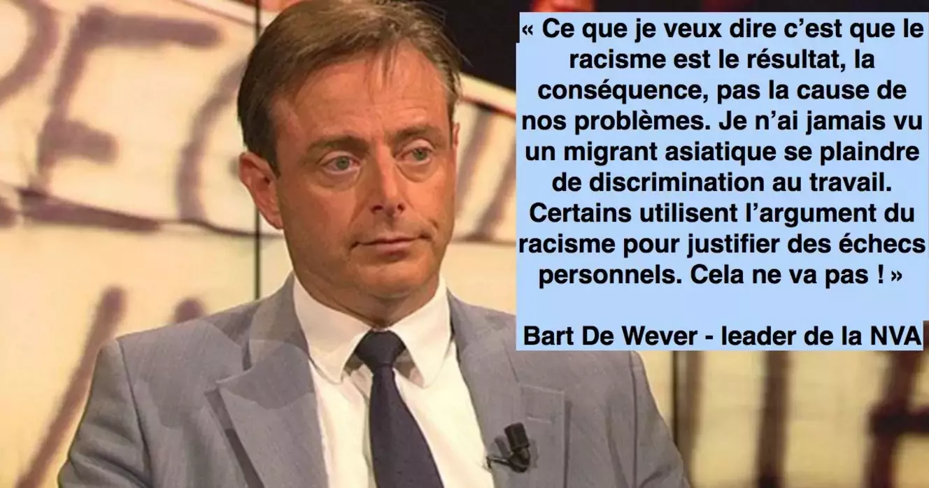 Bart De Wever, président du parti gouvernemental NVA et ancien membre dirigeant d'une organisation d'extrême-droite fondée par un collaborateur avec le régime nazi condamné, expliquant que le racisme est une conséquence de tares intrinsèques à une population déterminée (dans ce cas, il s'agissait des Berbères).